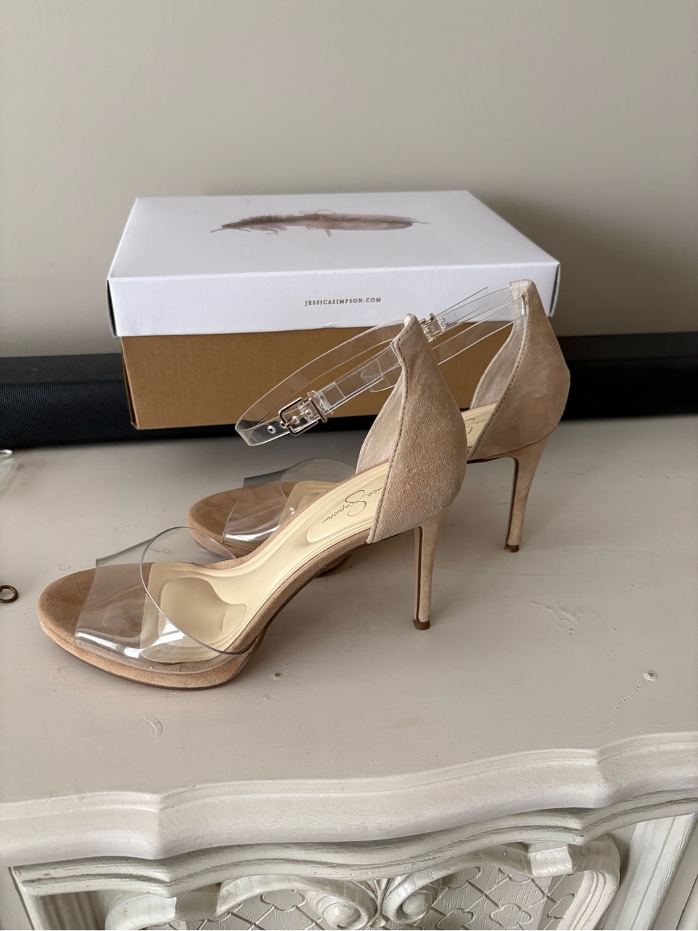 Jessica Simpson Beige Nude Suede & Clear Strap Stiletto Sandals